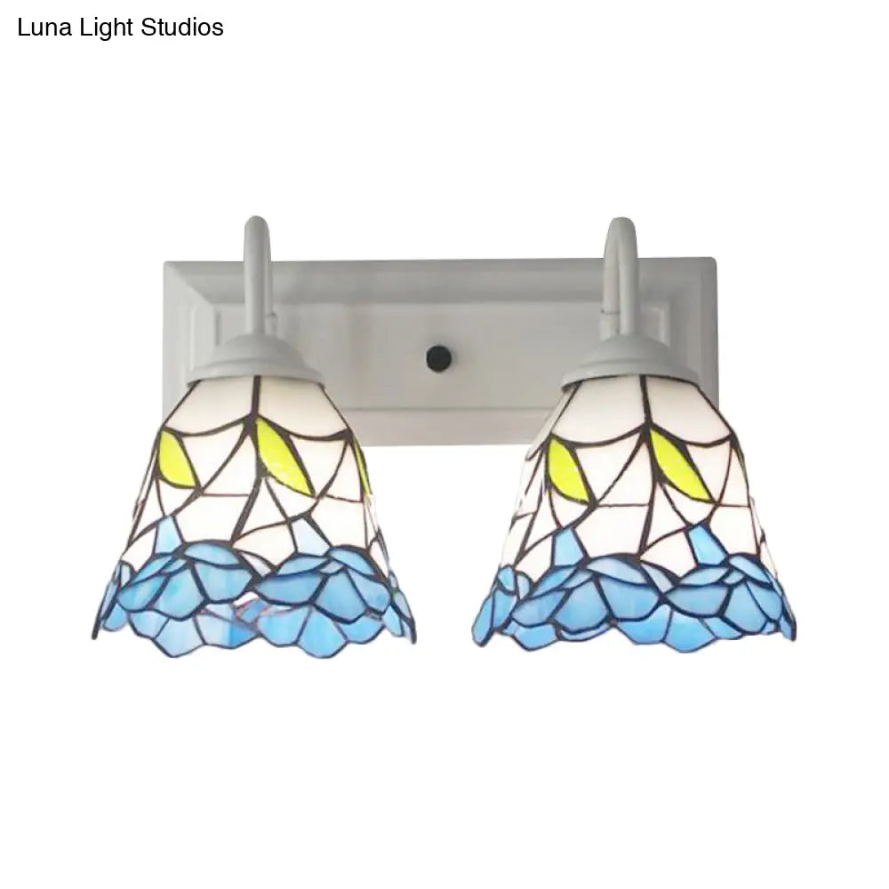 Flared Tiffany Blue Stained Glass Sconce Light With 2 Heads: Perfect For Bedroom