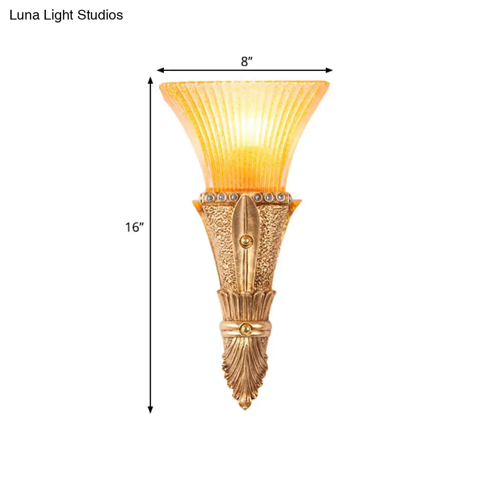 Flared Wall Mount Light: Traditional 1-Light Orange Glass & Resin Sconce In Gold For Corridor