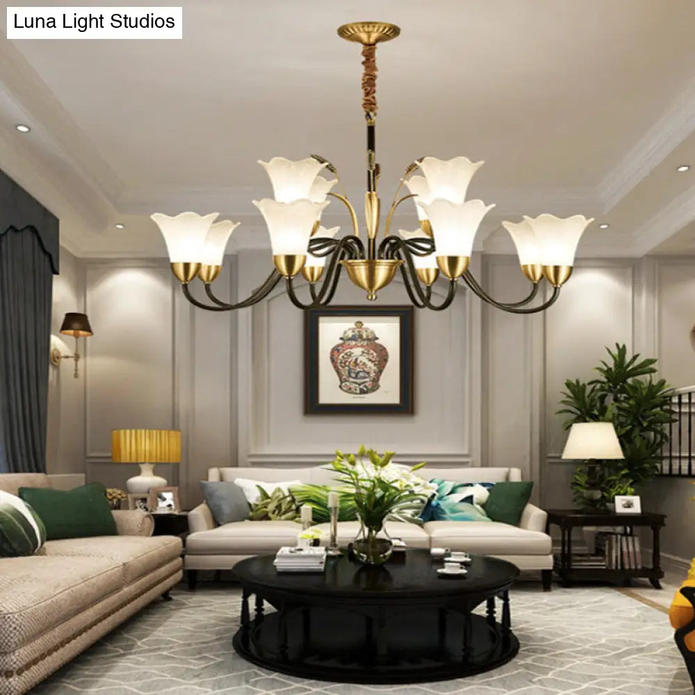 Floral Shaped White Glass Chandelier - Traditional 6/8/12 Lights Study Room Ceiling Light In Brass