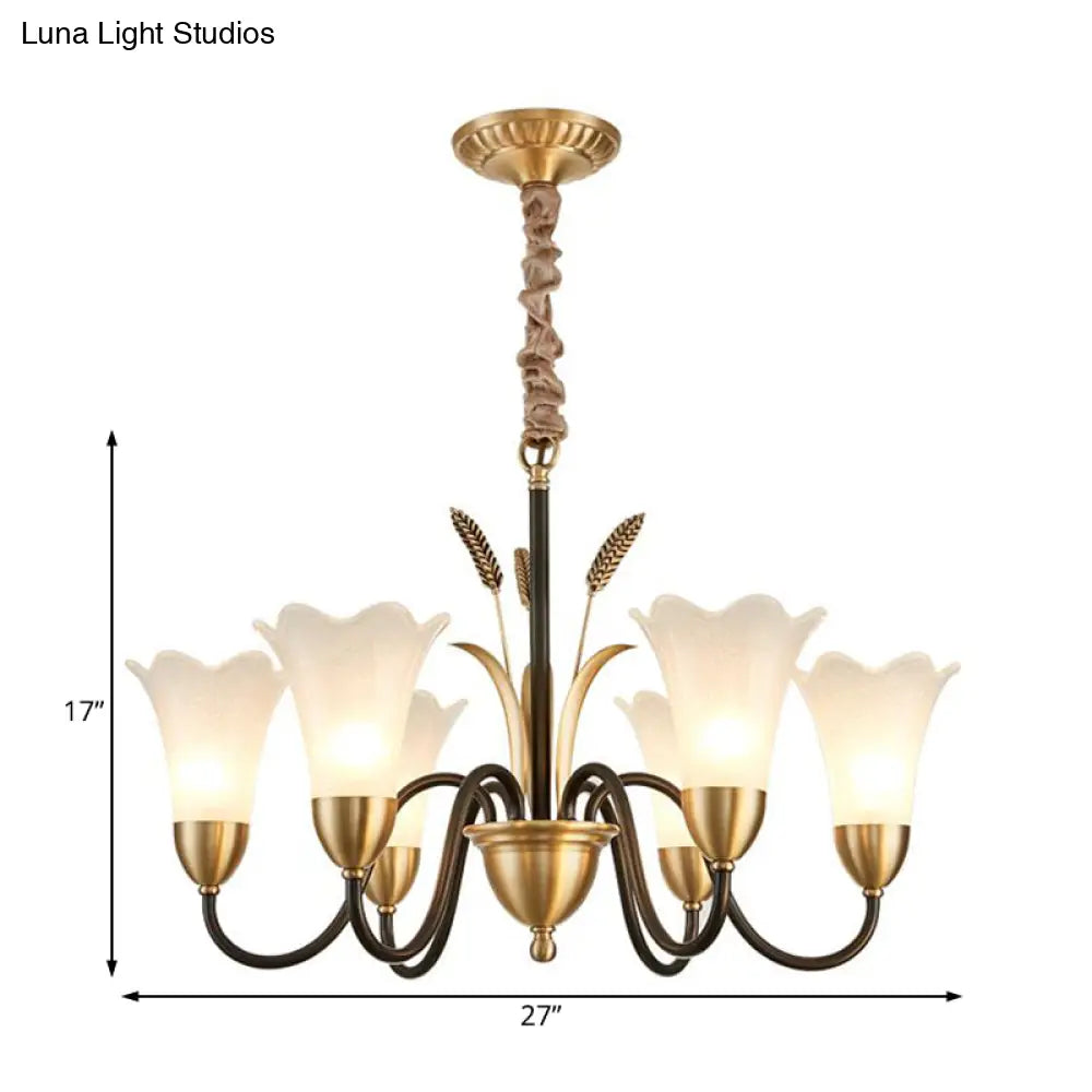 Floral Shaped White Glass Chandelier - Traditional 6/8/12 Lights Study Room Ceiling Light In Brass