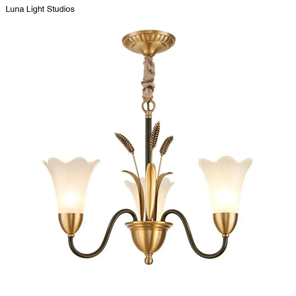 Floral Shaped White Glass Chandelier - Traditional 6/8/12 Lights Study Room Ceiling Light In Brass