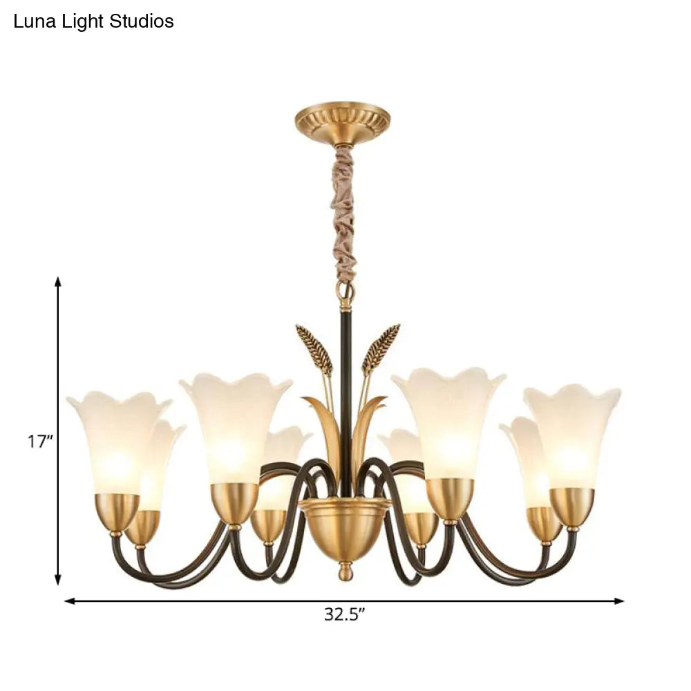 Floral Shaped White Glass Chandelier - Traditional 6/8/12 Lights Study Room Ceiling Light In Brass
