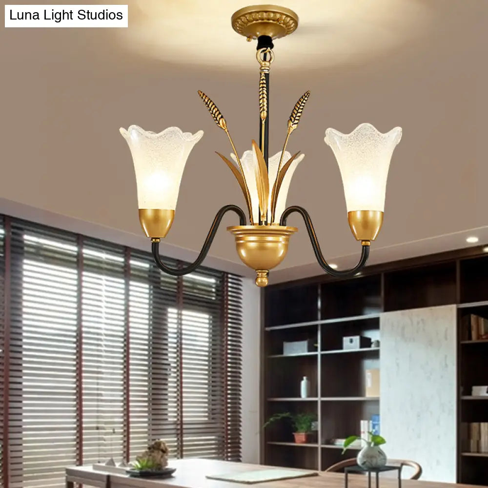 Floral Shaped White Glass Chandelier - Traditional 6/8/12 Lights Study Room Ceiling Light In Brass