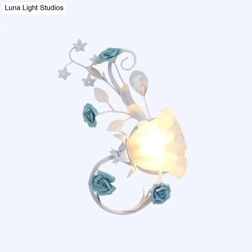 Flower Shade Frosted Glass Wall Sconce - Countryside 1-Light Bedroom Lamp In White