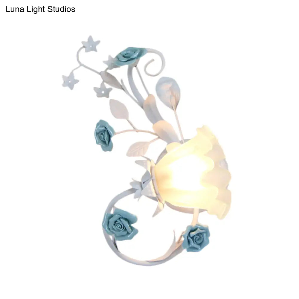 Flower Shade Frosted Glass Wall Sconce - Countryside 1-Light Bedroom Lamp In White