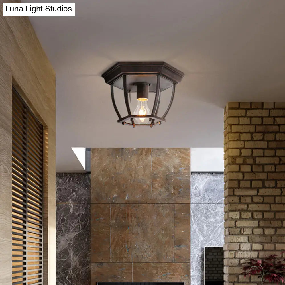 Flush Mount Cage Light Fixture In Rust With Clear Glass For Balcony - Traditional Style
