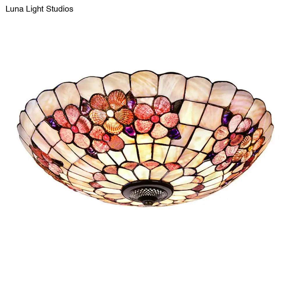 Flushmount Tiffany Shell Ceiling Light Fixture With Peony Pattern Pink 3/4 Bulbs Various Sizes