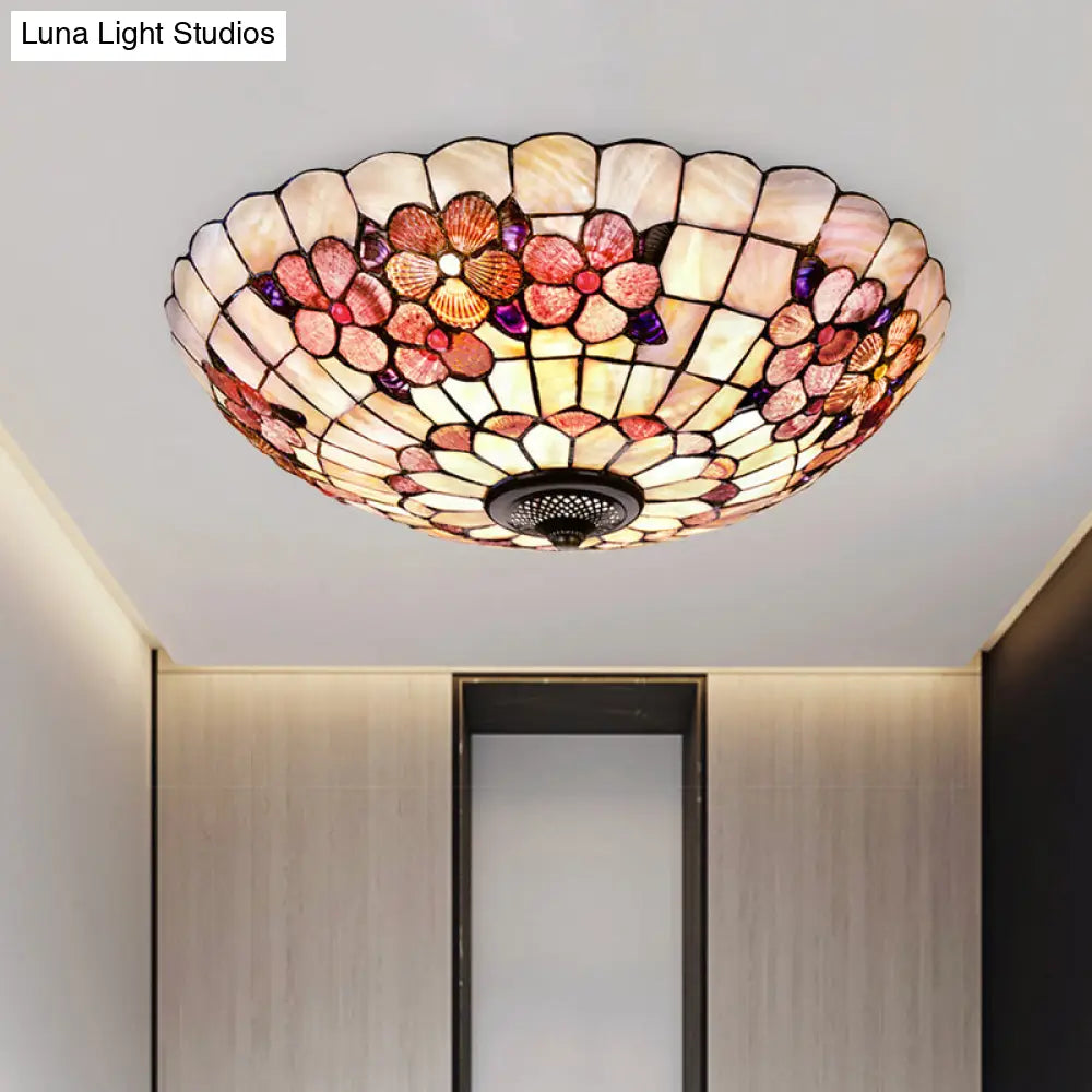 Flushmount Tiffany Shell Ceiling Light Fixture With Peony Pattern Pink 3/4 Bulbs Various Sizes