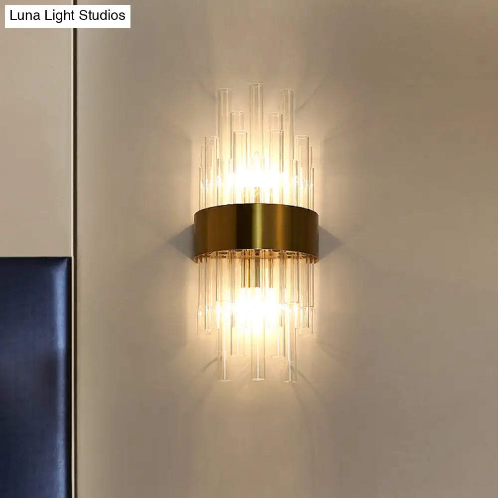 Fluted Glass Cylinder Wall Light Postmodern Brass Hallway Sconce (1-Light Fixture)