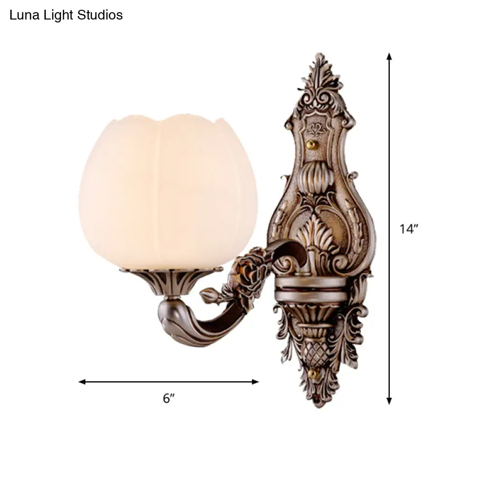 Frosted Glass Bloom Wall Light Vintage Sconce For Living Room With Curved Arm In Coffee