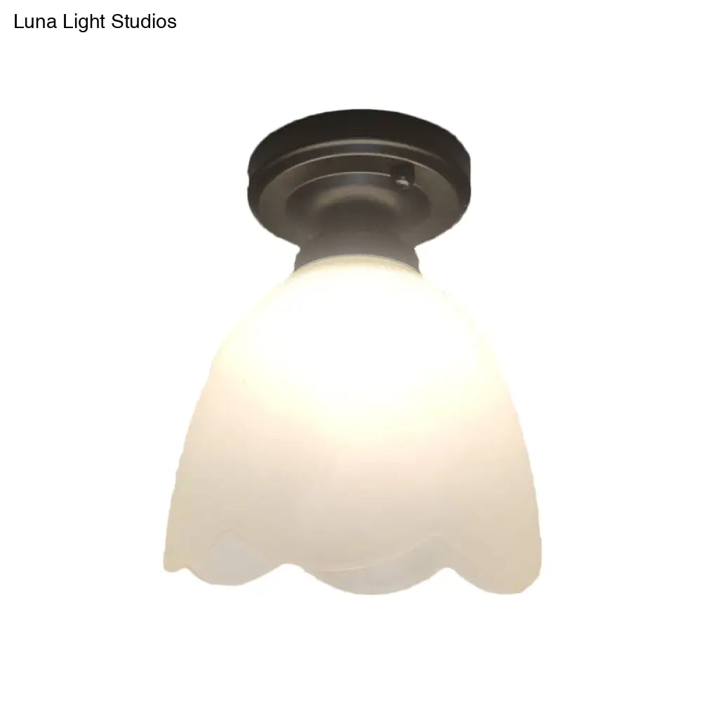 Frosted Glass Ceiling Fixture: Flower Bud Flush Mount Lamp - Loft Style Black Perfect For Hallways