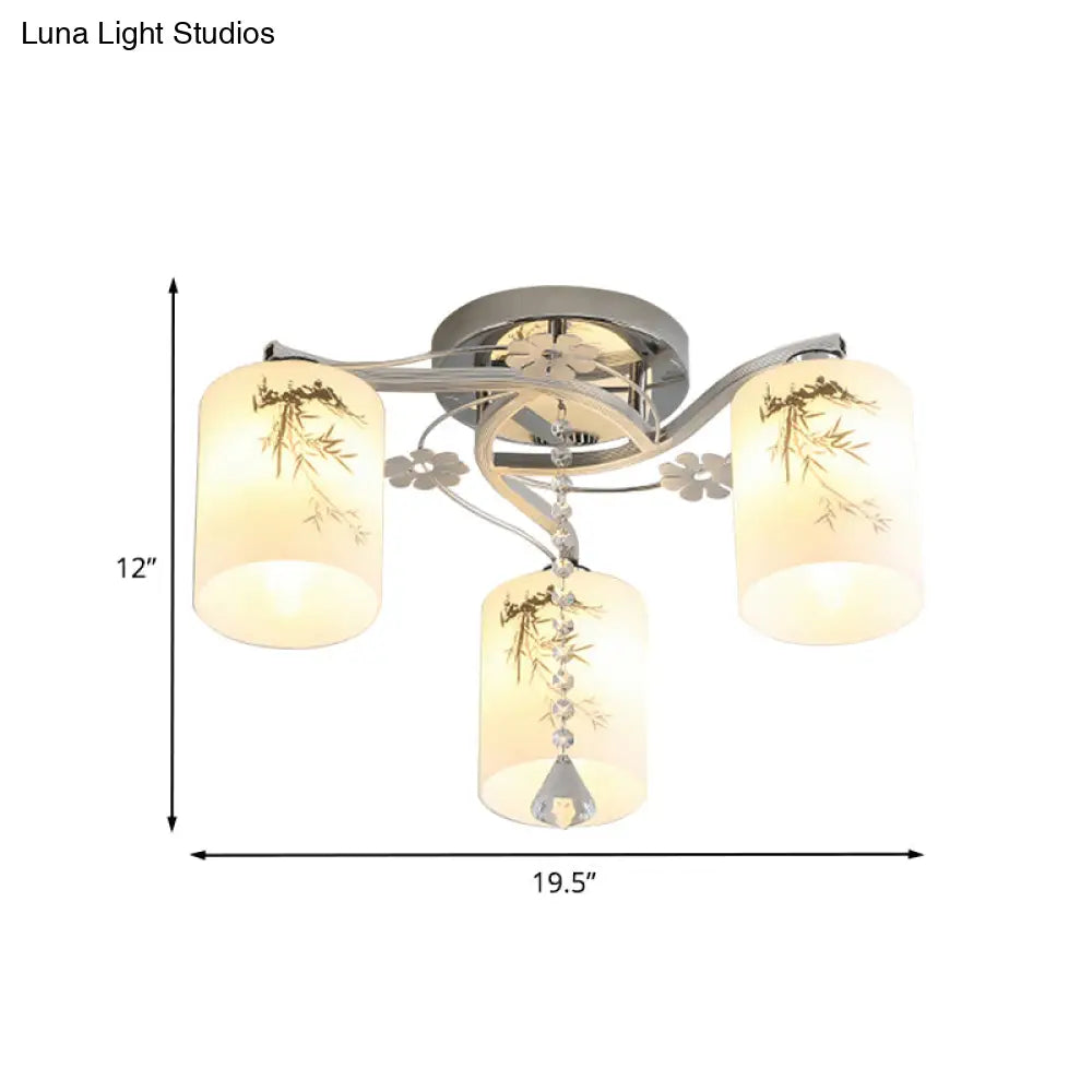 Frosted Glass Semi-Flush Ceiling Light With Chrome Finish - 3 Lights Minimal Cylindrical Design For