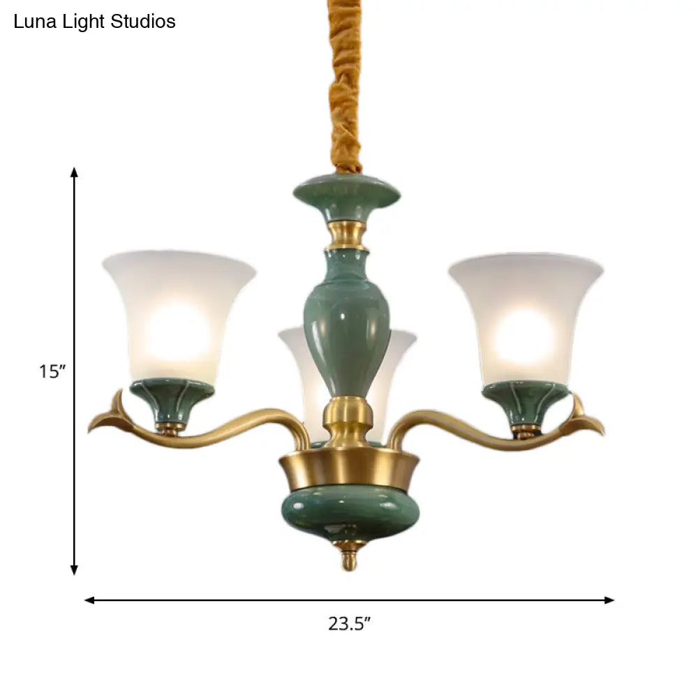 Frosted Glass Suspension Lighting - 3/6 Bulbs Countryside Green Chandelier For Guest Room