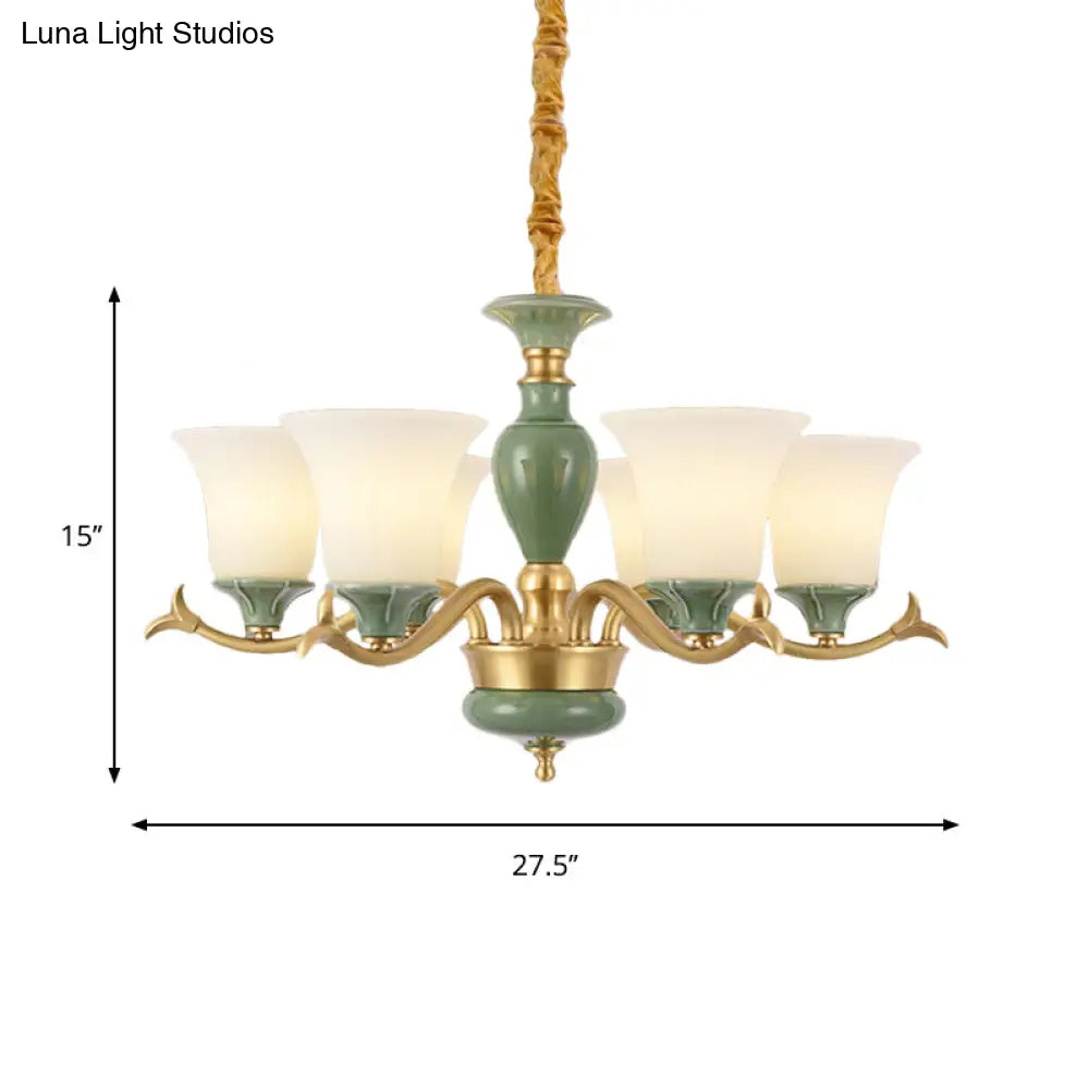 Frosted Glass Suspension Lighting - 3/6 Bulbs Countryside Green Chandelier For Guest Room
