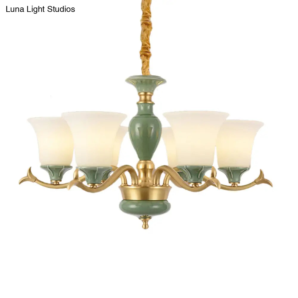 Frosted Glass Suspension Lighting - 3/6 Bulbs Countryside Green Chandelier For Guest Room