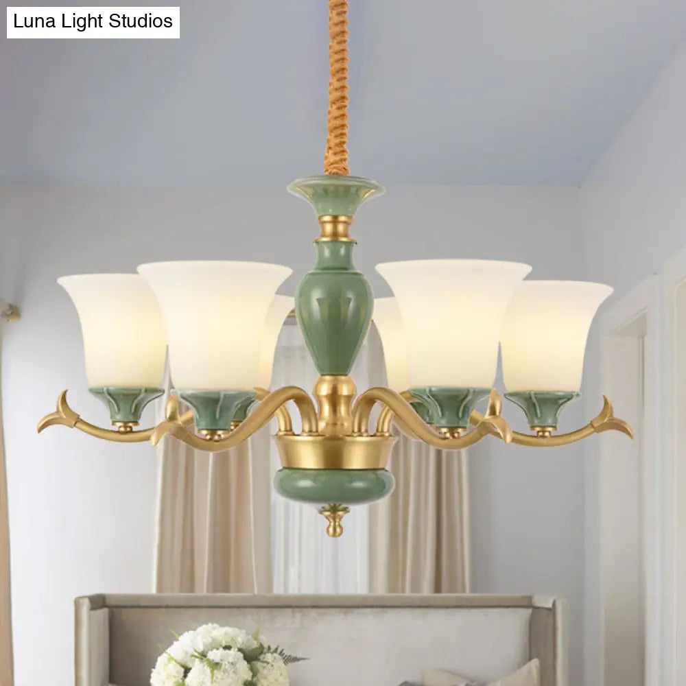 Frosted Glass Suspension Lighting - 3/6 Bulbs Countryside Green Chandelier For Guest Room