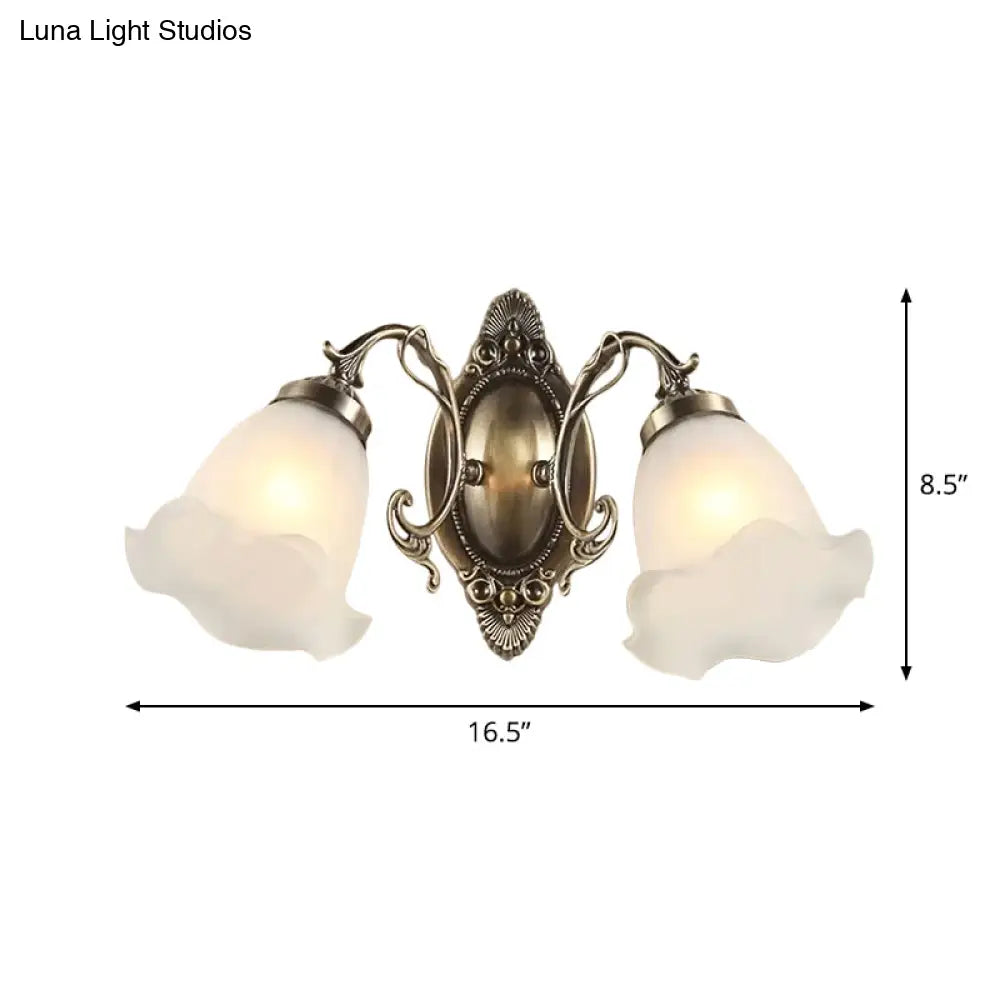 Frosted Glass Wall Lamp In Countryside Bronze: Elegant Flower Design For Living Room Lighting