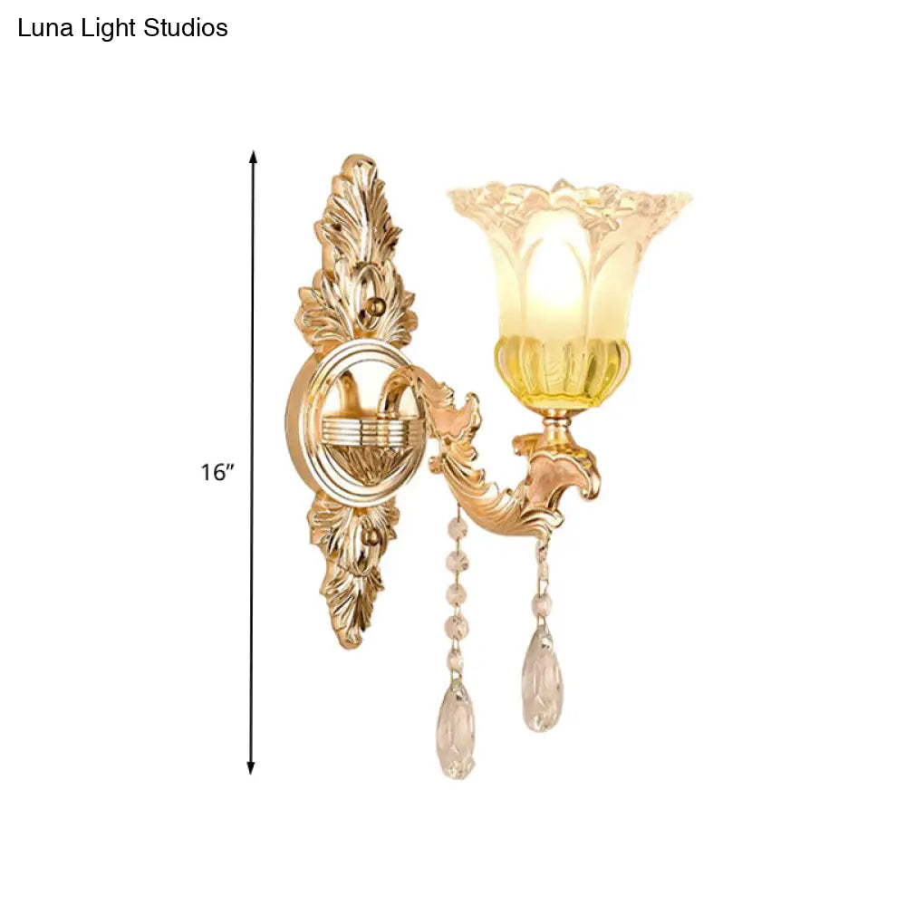 Frosted Glass Wall Sconce With Crystal Draping - Traditionalist Gold Flower Design For Living Room
