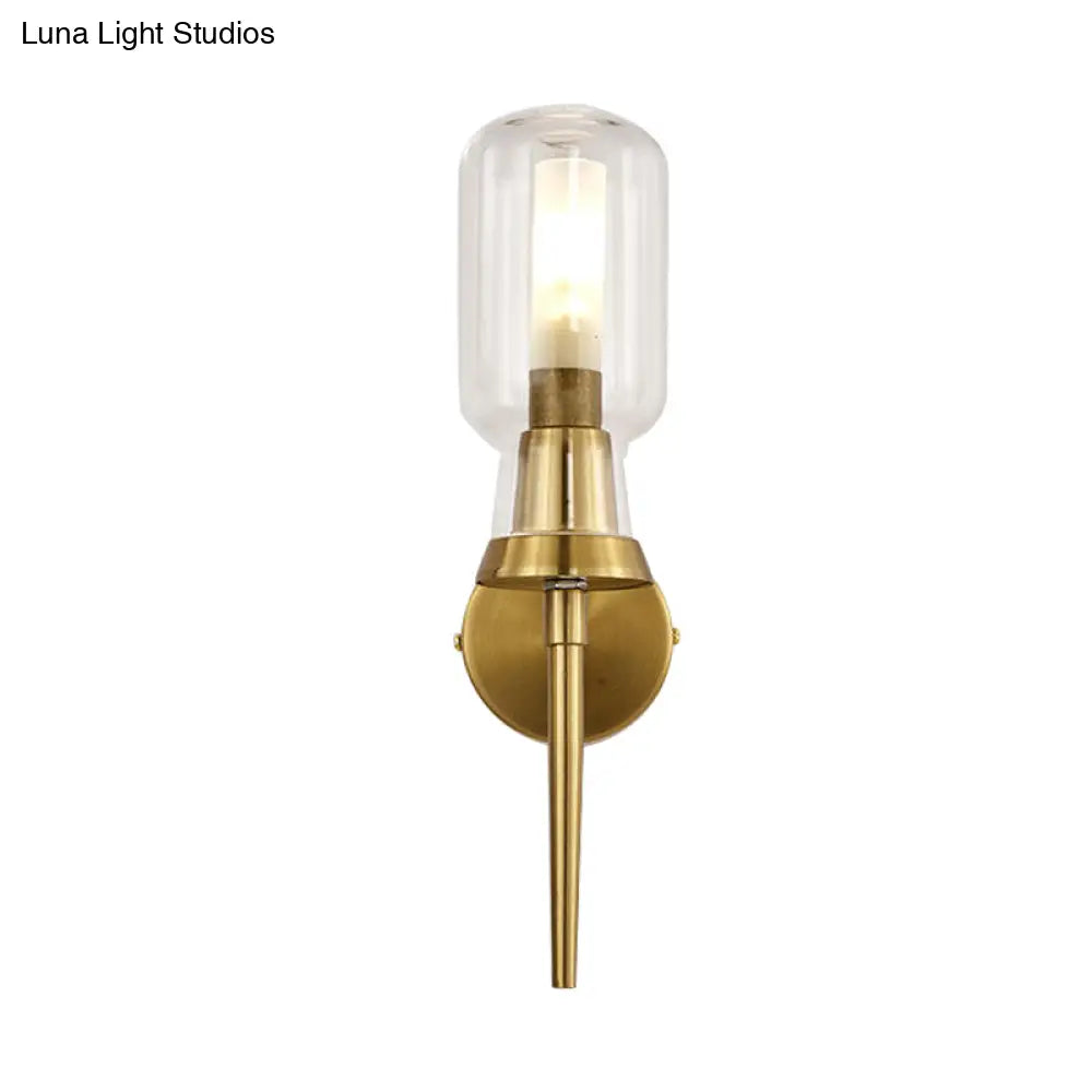 Frosted Glass Wall Sconce With Gold Flush Mount For Stairway - Traditionally Designed Cylinder Light