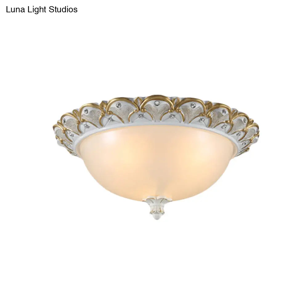 Frosted White Glass Dome 3 - Light Bedroom Flush Mount With Carved Edge