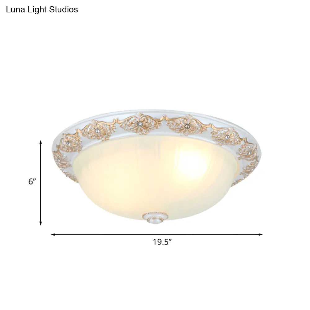 Frosted White Glass Dome 3 - Light Bedroom Flush Mount With Carved Edge