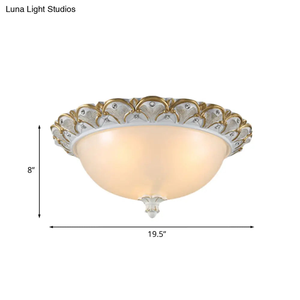 Frosted White Glass Dome 3 - Light Bedroom Flush Mount With Carved Edge