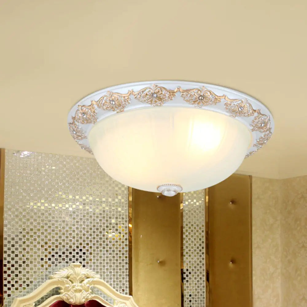 Frosted White Glass Dome 3 - Light Bedroom Flush Mount With Carved Edge / B