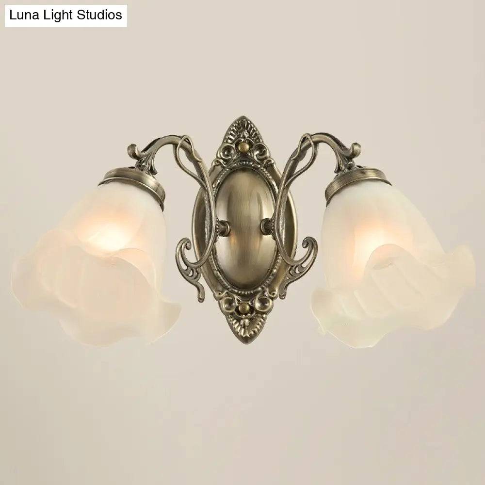 Frosted White Glass Ruffle Sconce Light - Traditional Corner Wall Mount In Bronze/Copper