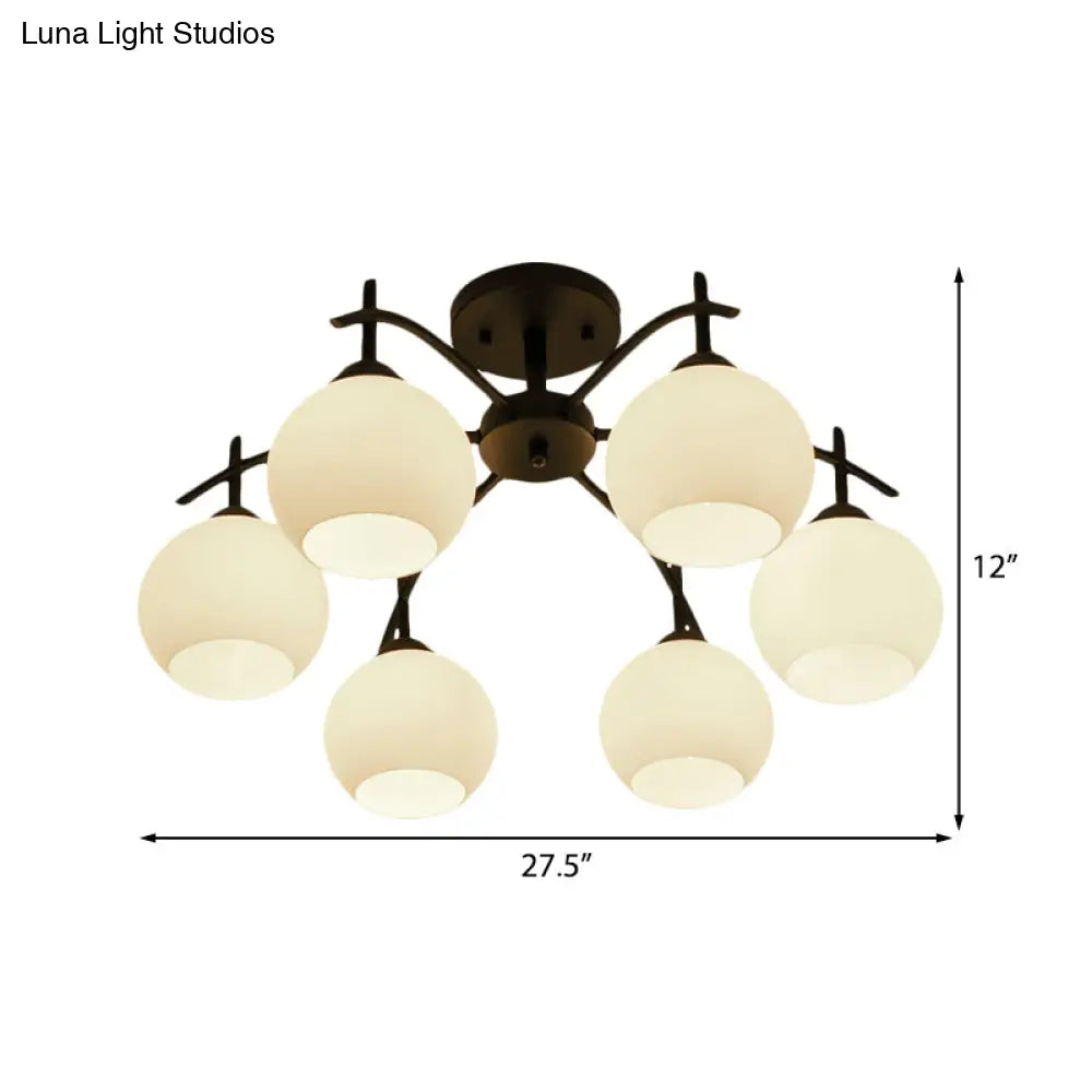 Globe White Glass Semi Flush Traditional Living Room Ceiling Light Fixture In Black With 3/5/6