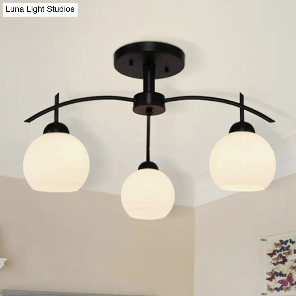 Globe White Glass Semi Flush Traditional Living Room Ceiling Light Fixture In Black With 3/5/6