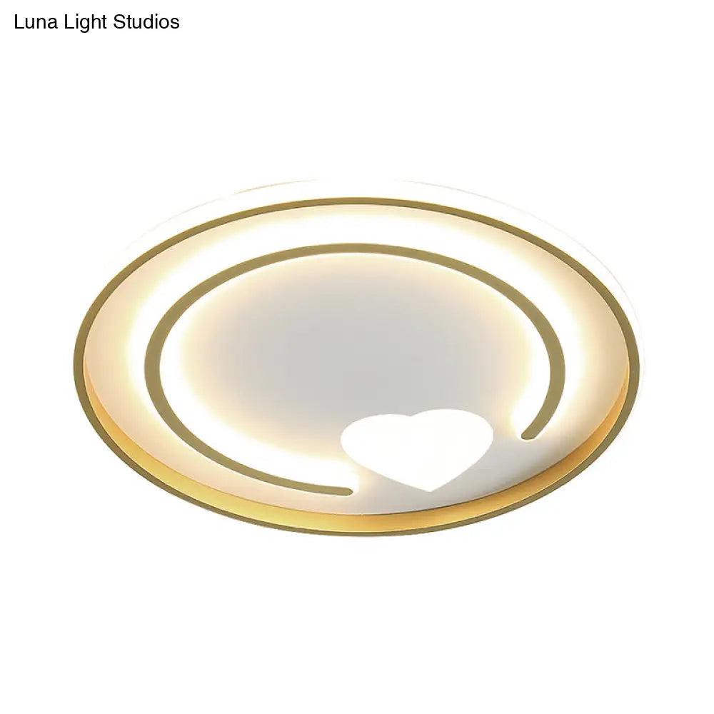 Gold Acrylic Flush Mount Light With Circle And Heart Modernist Design