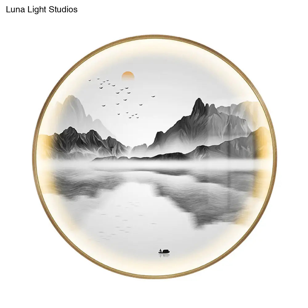 Gold Asia Style Led Wall Lamp With River And Mountain Pattern