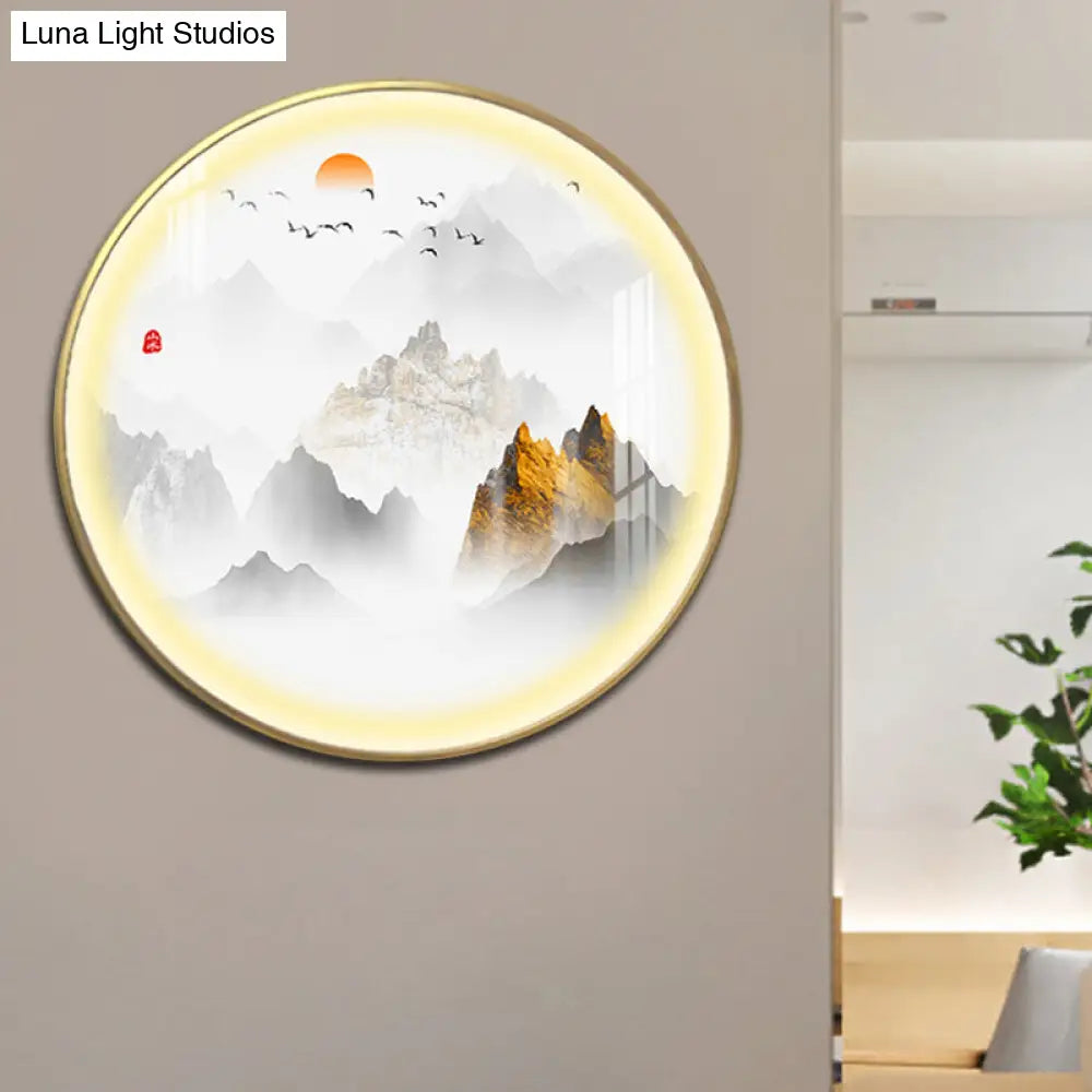Gold Chinese Metal Led Wall Light With Mountain And Sun Pattern - Round Mural Design