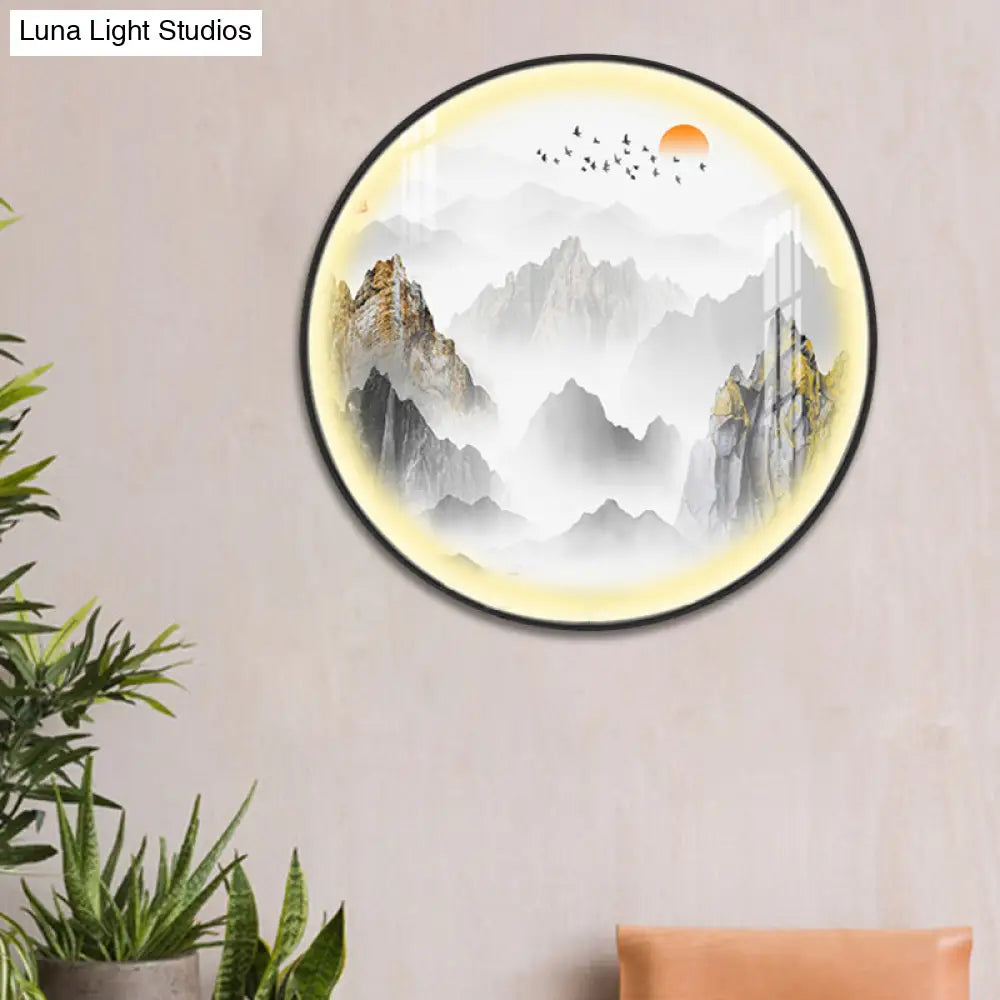 Gold Chinese Metal Led Wall Light With Mountain And Sun Pattern - Round Mural Design