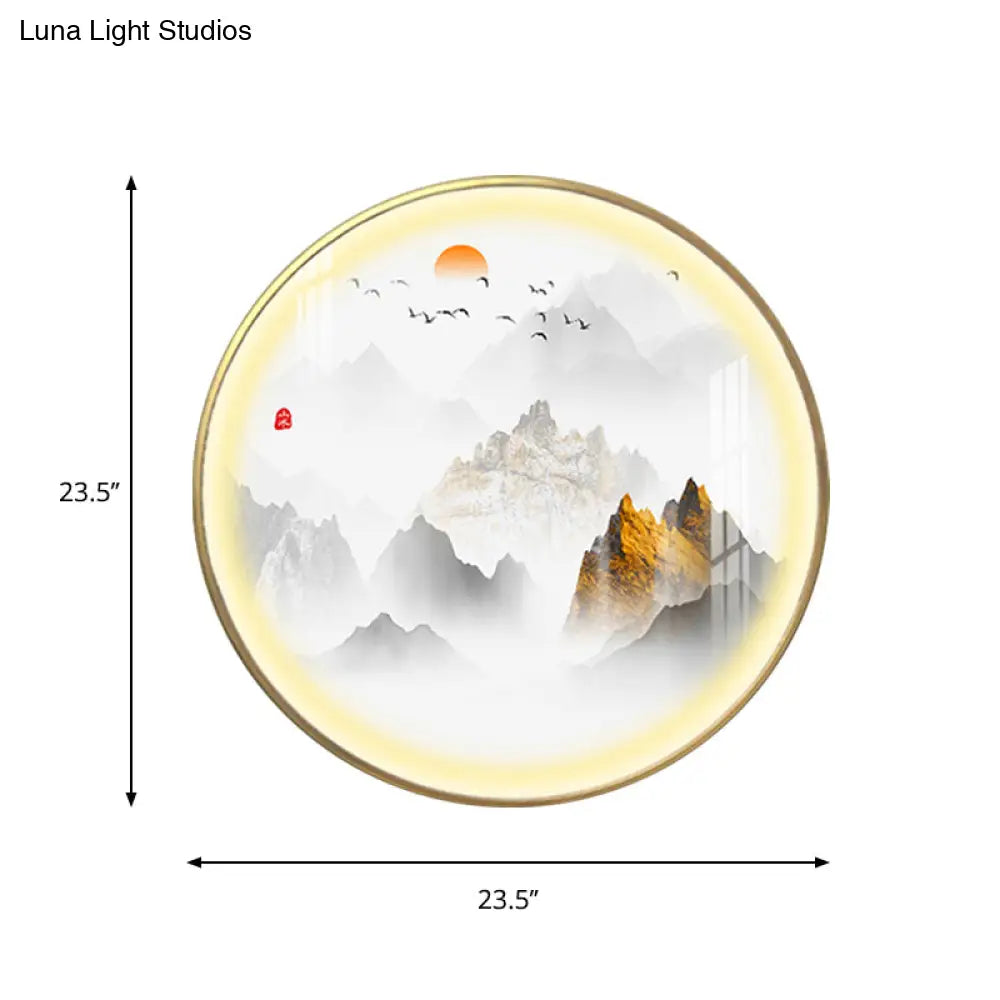 Gold Chinese Metal Led Wall Light With Mountain And Sun Pattern - Round Mural Design