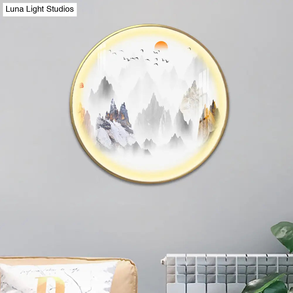 Gold Chinese Metal Led Wall Light With Mountain And Sun Pattern - Round Mural Design