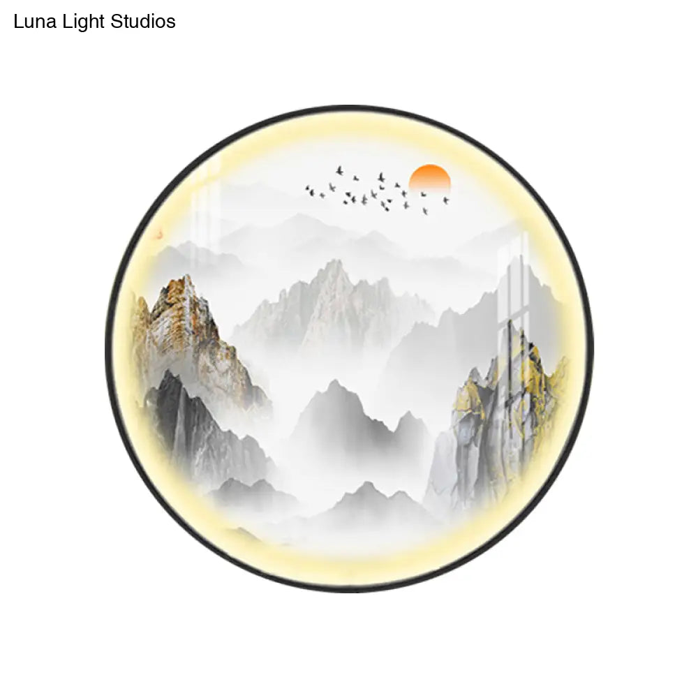 Gold Chinese Metal Led Wall Light With Mountain And Sun Pattern - Round Mural Design