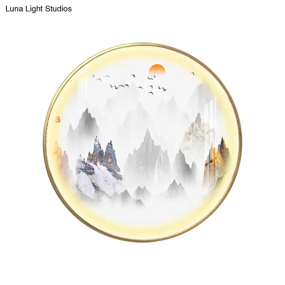Gold Chinese Metal Led Wall Light With Mountain And Sun Pattern - Round Mural Design