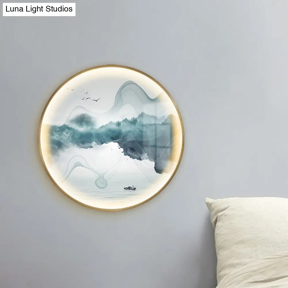 Gold Circular Mountain And Lake Mural Led Wall Light: Stunning Chinese Metallic Lighting Idea