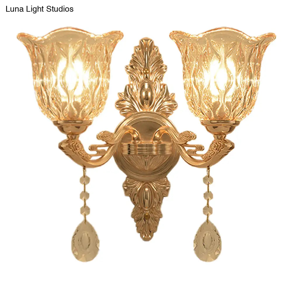 Gold Clear Textured Glass Sconce: Traditional Bell Shaped Wall Mounted Lamp - 1/2-Light