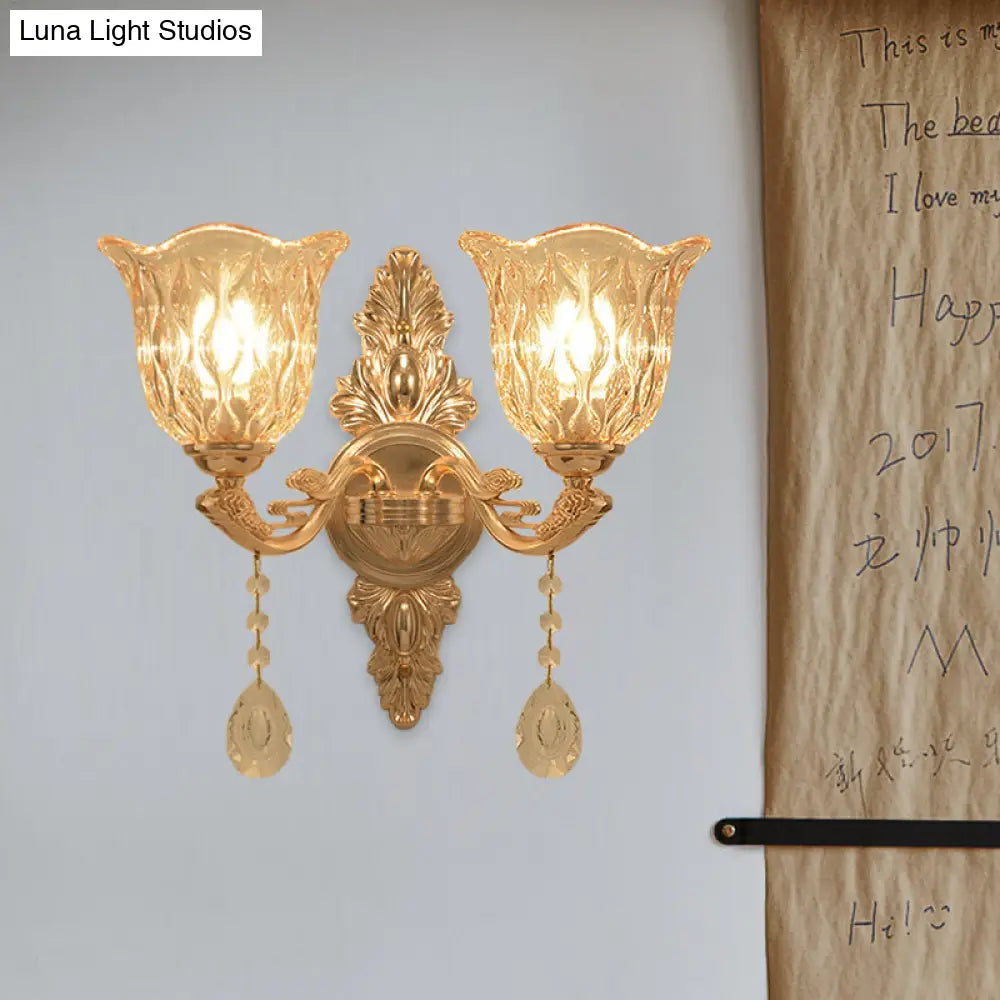 Gold Clear Textured Glass Sconce: Traditional Bell Shaped Wall Mounted Lamp - 1/2-Light