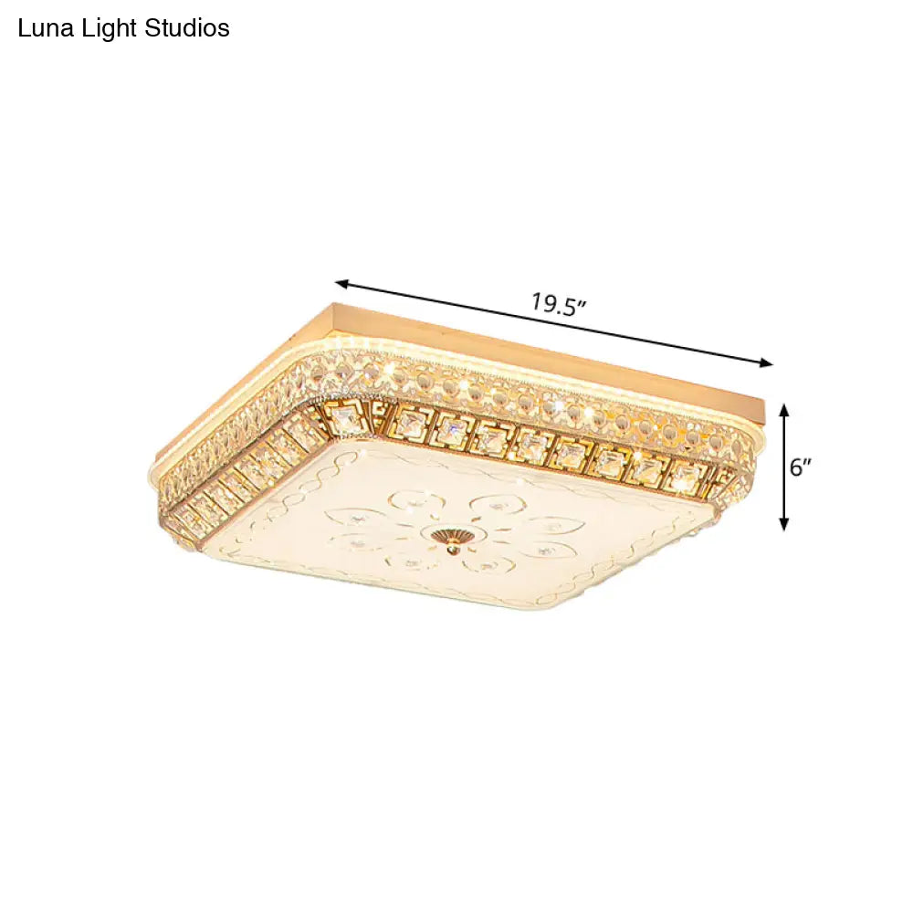 Gold Crystal Led Flushmount Light For Bedroom With Simple Squared Design