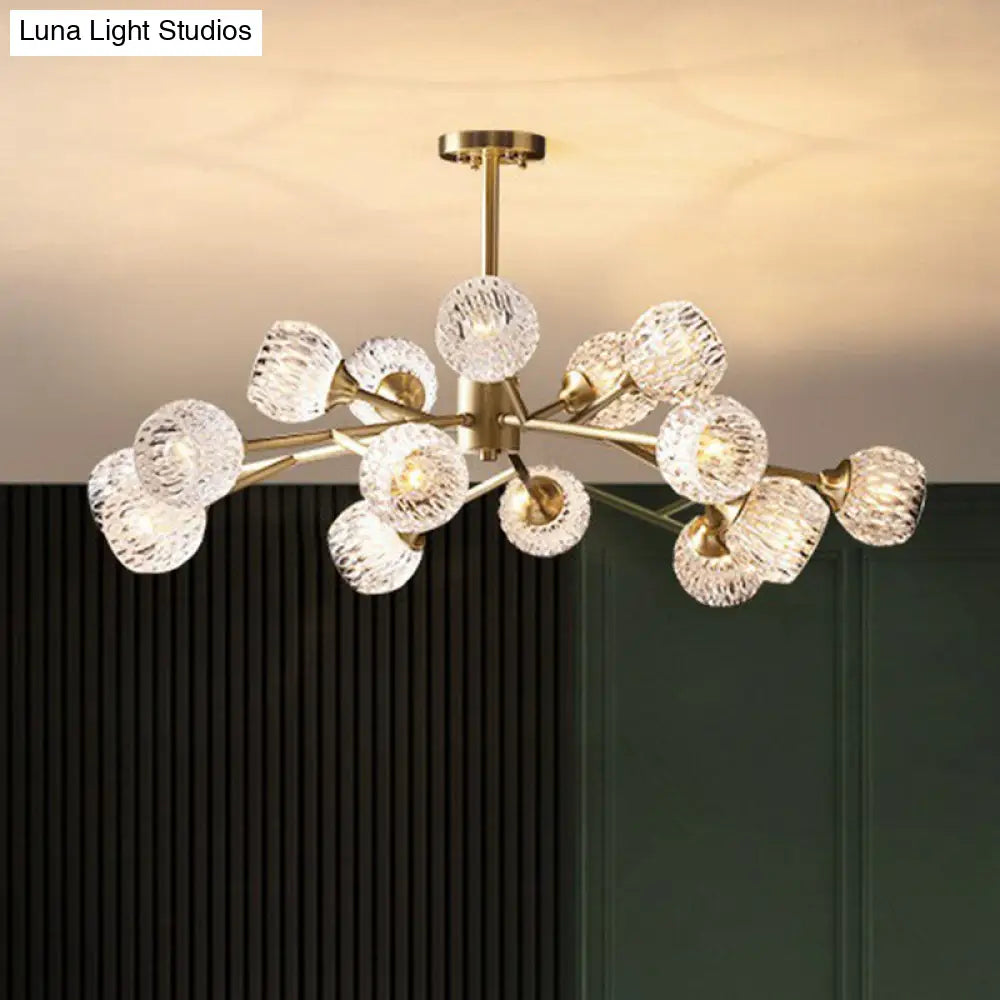 Gold Finish Chandelier With Metallic Branch Design And Clear Crystal Shade