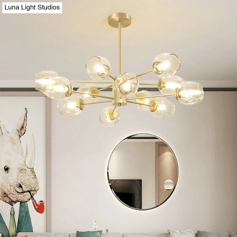Gold Finish Dimpled Glass Cup Chandelier - Postmodern Hanging Lamp For Living Room