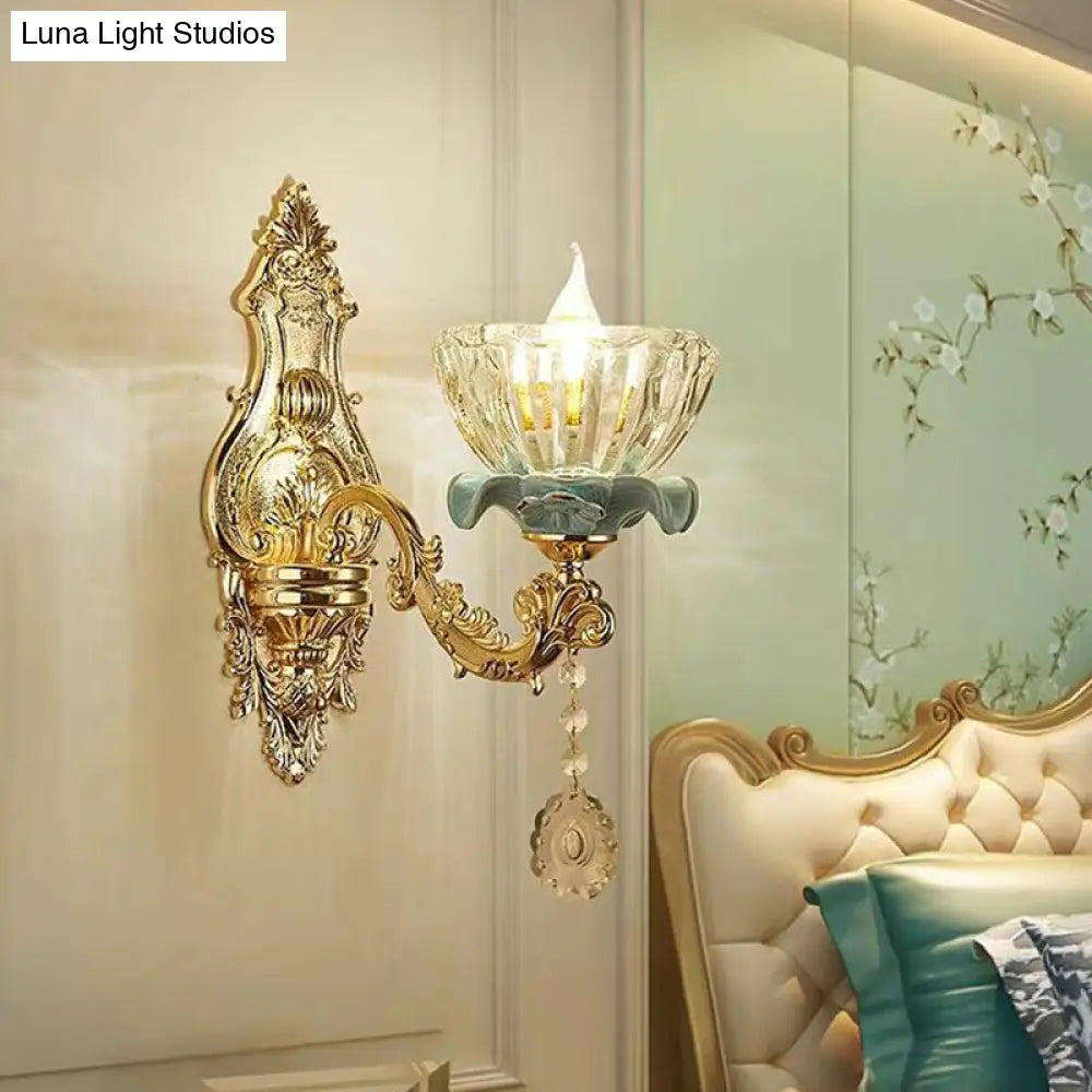 Gold Floral Glass Wall Mount Lamp - Traditional 2-Light Fixture For Corridor Lighting