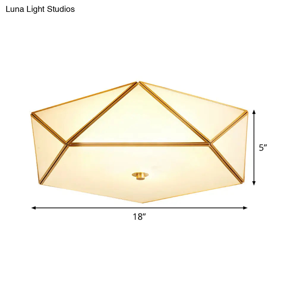 Gold Flush Mount Ceiling Light - Beveled Box Hotel Design Frosted White Glass Post - Modern Style