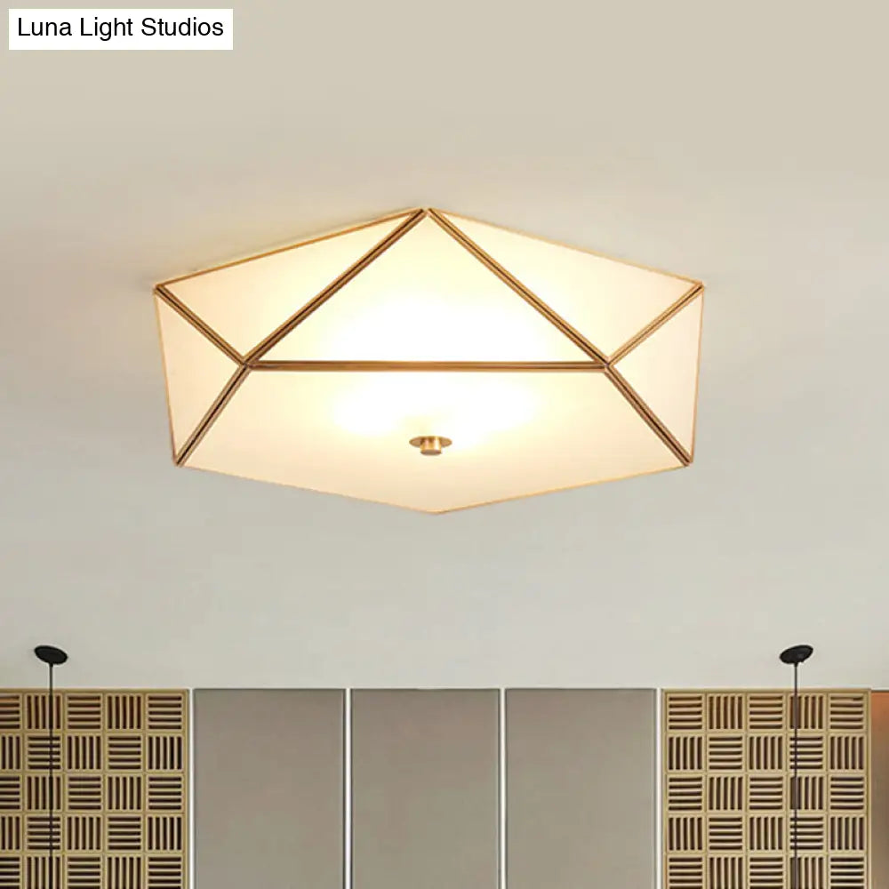 Gold Flush Mount Ceiling Light - Beveled Box Hotel Design Frosted White Glass Post - Modern Style