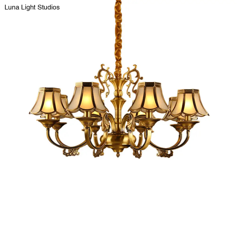 Gold Frosted Glass Pendant Chandelier With Scalloped Design And Colonial Styling - 3/5/6 Bulbs