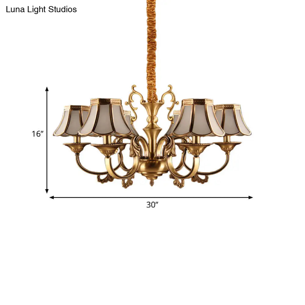 Gold Frosted Glass Pendant Chandelier With Scalloped Design And Colonial Styling - 3/5/6 Bulbs