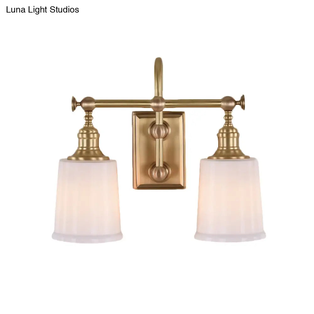 Gold Glass Bucket Vanity Lamp - Colonial 2-Head Bathroom Sconce Light In White/Clear